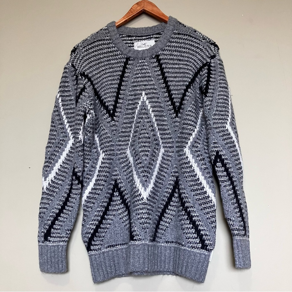 Hollister Gray Geometric Diamond Knit Pullover Crewneck Sweater Women’s XS